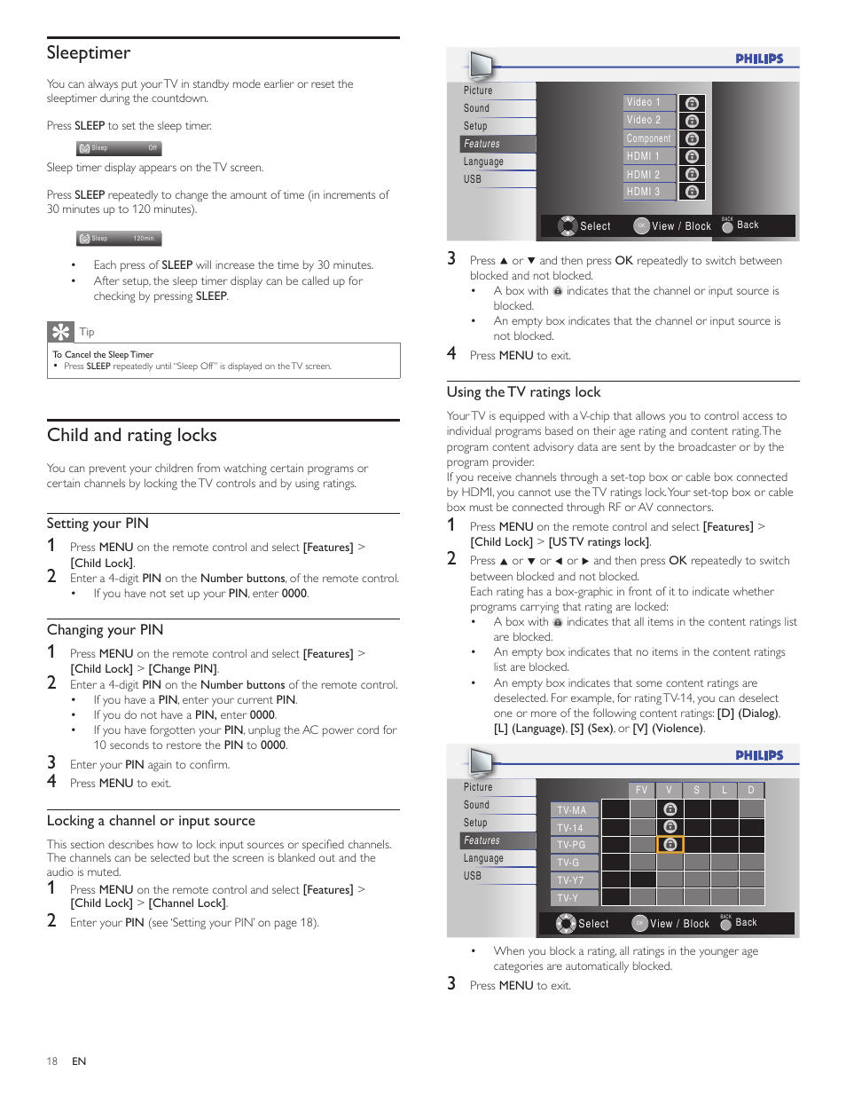 Sleeptimer, Child and rating locks | Philips 1EMN26039A User Manual | Page 19 / 37