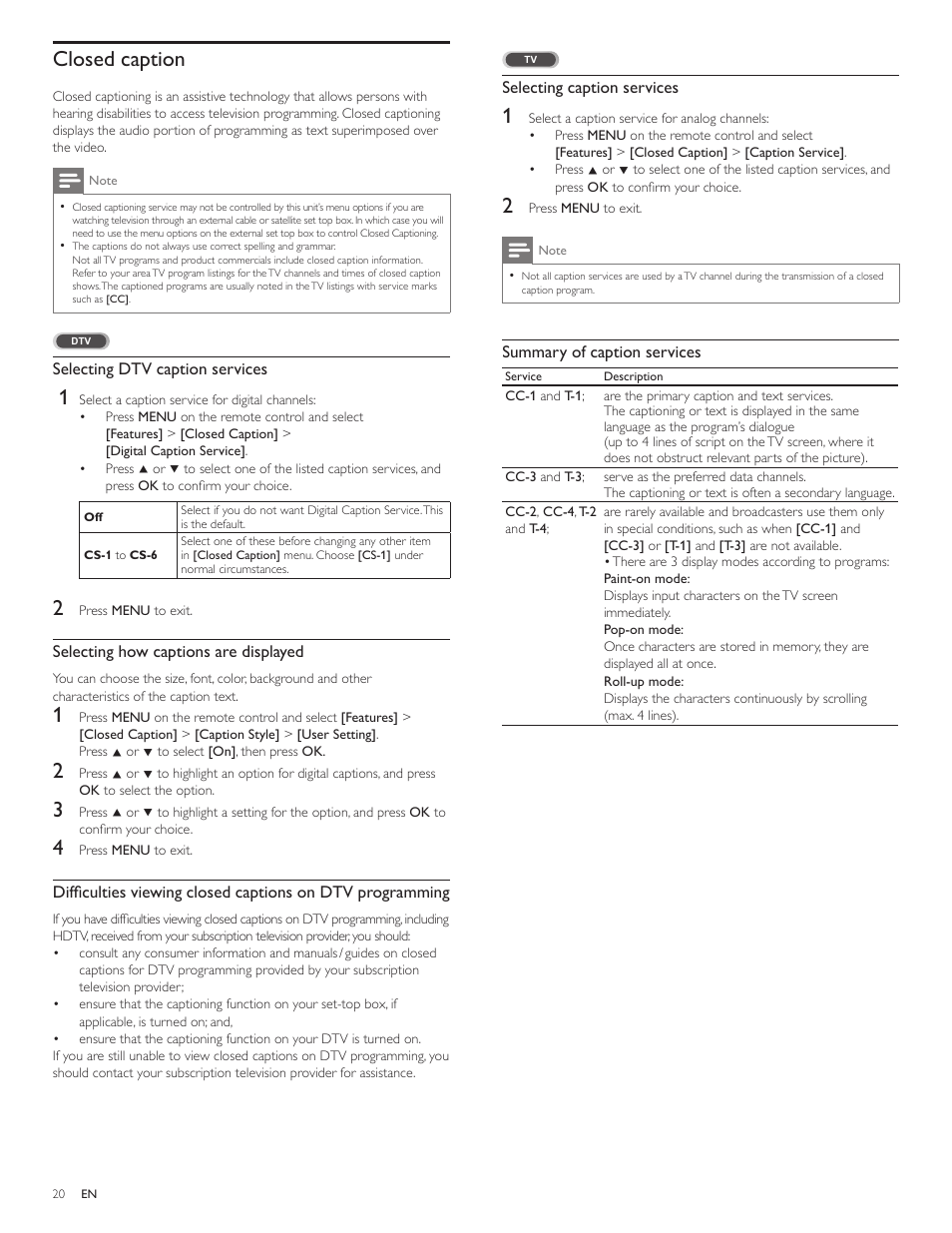 Closed caption | Philips 1EMN26039A User Manual | Page 21 / 37