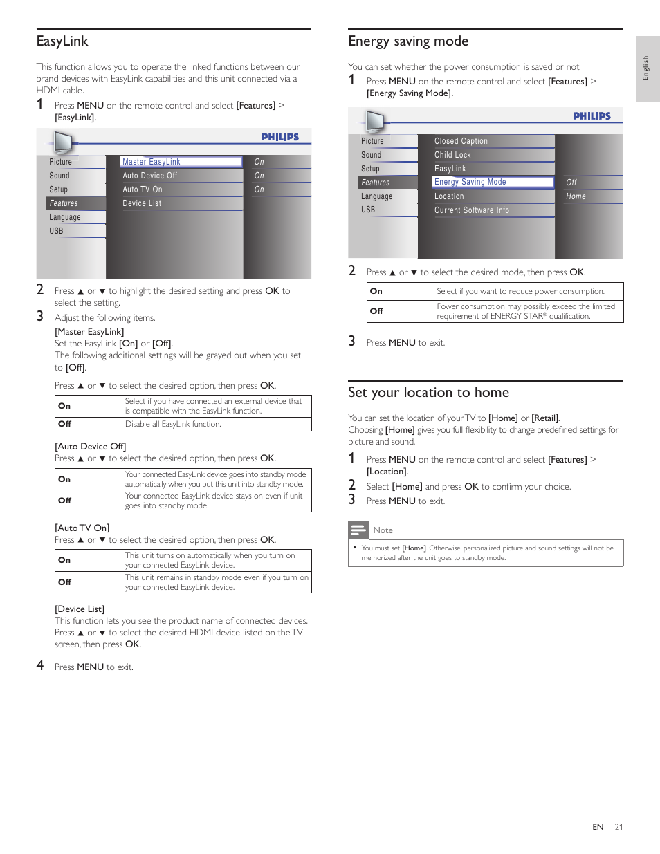 Easylink, Energy saving mode, Set your location to home | Philips 1EMN26039A User Manual | Page 22 / 37