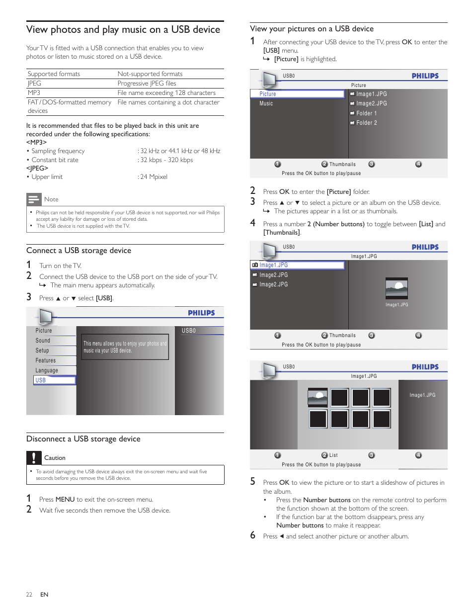 View photos and play music on a usb device, View your pictures on a usb device, Connect a usb storage device | Disconnect a usb storage device | Philips 1EMN26039A User Manual | Page 23 / 37