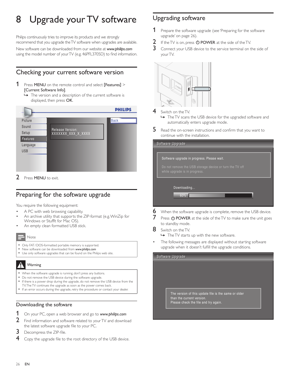 8 upgrade your tv software, Checking your current software version, Preparing for the software upgrade | Upgrading software, Upgrading software 1, Checking your current software version 1 | Philips 1EMN26039A User Manual | Page 27 / 37