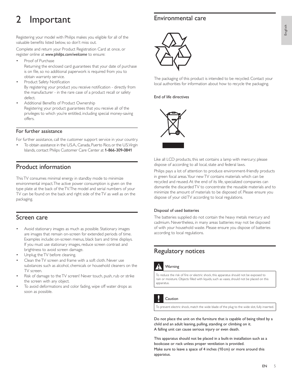 2 important, Product information, Screen care | Environmental care, Regulatory notices | Philips 1EMN26039A User Manual | Page 6 / 37