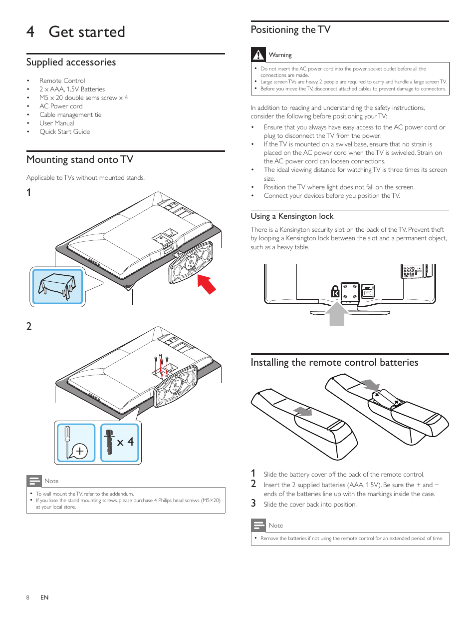 4 get started, Supplied accessories, Mounting stand onto tv | Positioning the tv, Installing the remote control batteries | Philips 1EMN26039A User Manual | Page 9 / 37