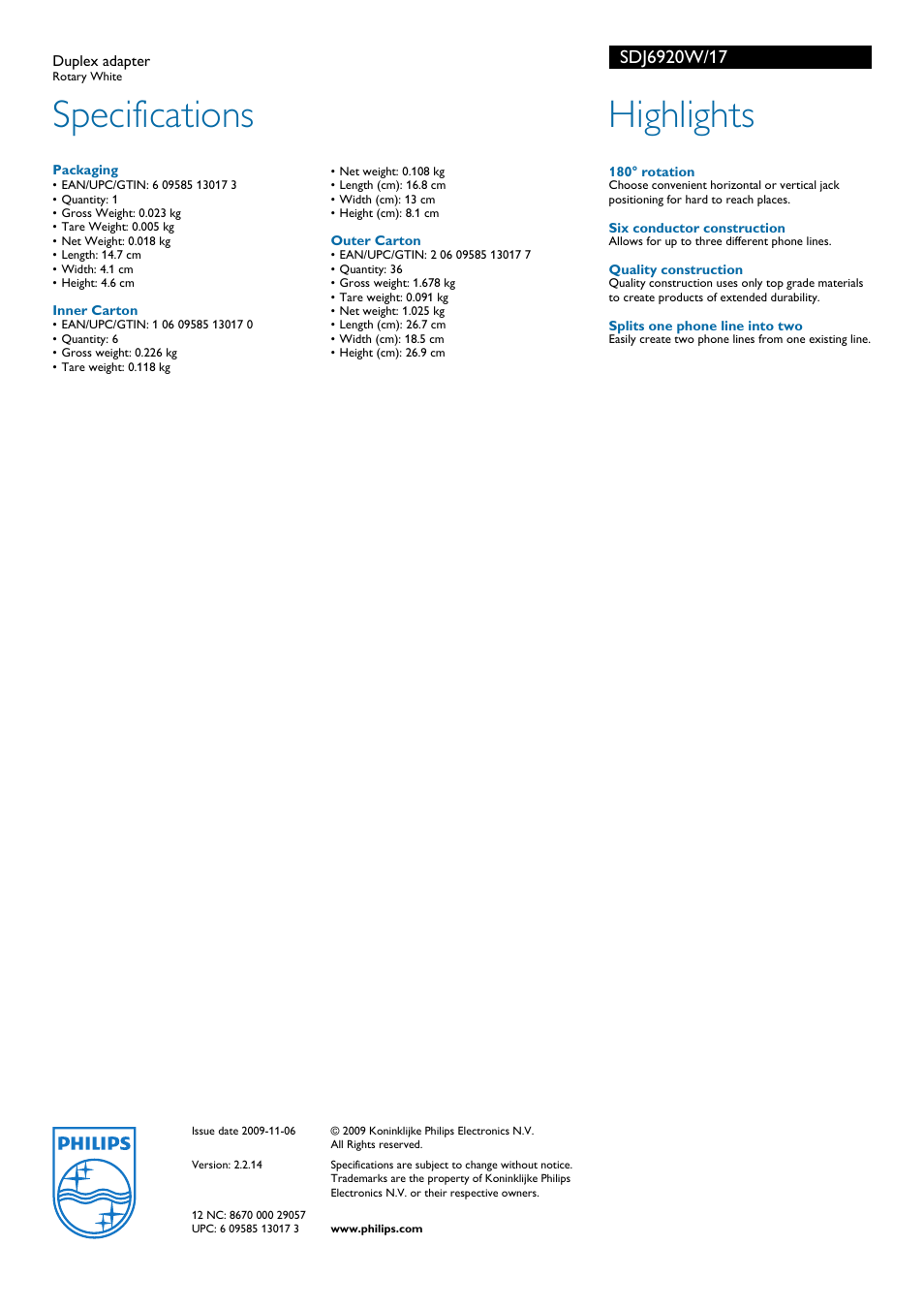 Specifications, Highlights | Philips SDJ6920W User Manual | Page 2 / 2