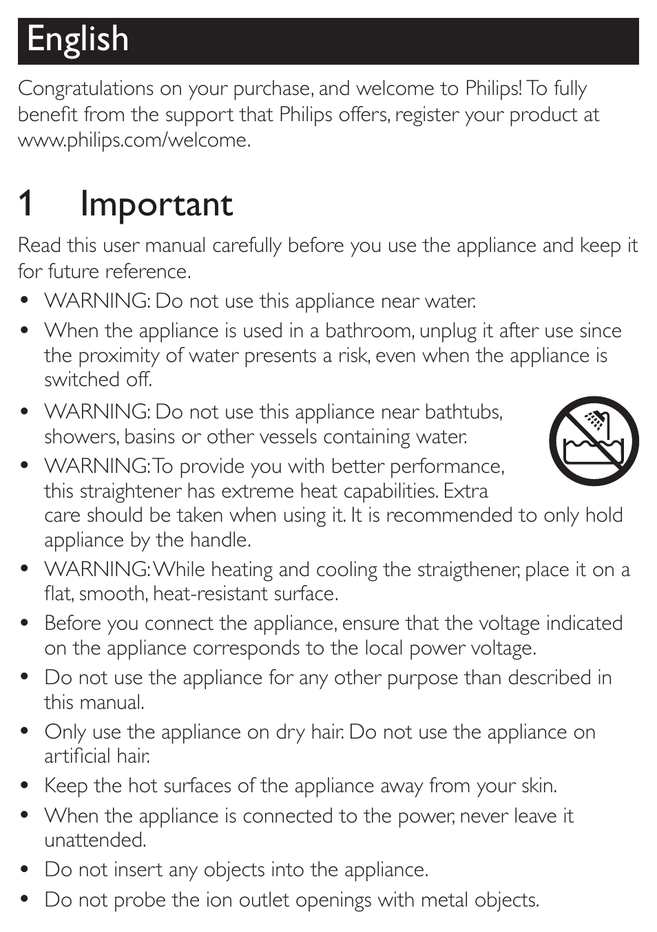 English, 1 important | Philips STRAIGHTENER HP8361/00 User Manual | Page 3 / 8