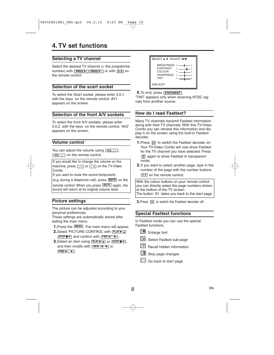 Tv set functions, Selecting a tv channel, Selection of the scart socket | Selection of the front a/v sockets, Volume control, Picture settings, How do i read fasttext, Special fasttext functions | Philips 14PV385/07 User Manual | Page 10 / 20