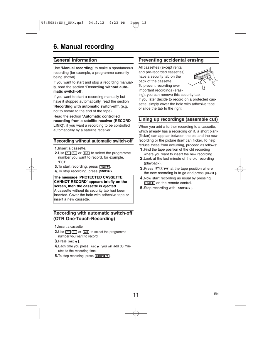 Manual recording | Philips 14PV385/07 User Manual | Page 13 / 20