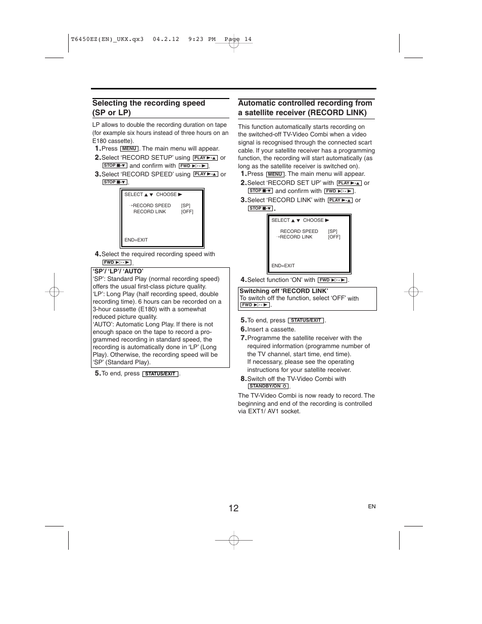 Selecting the recording speed (sp or lp) | Philips 14PV385/07 User Manual | Page 14 / 20