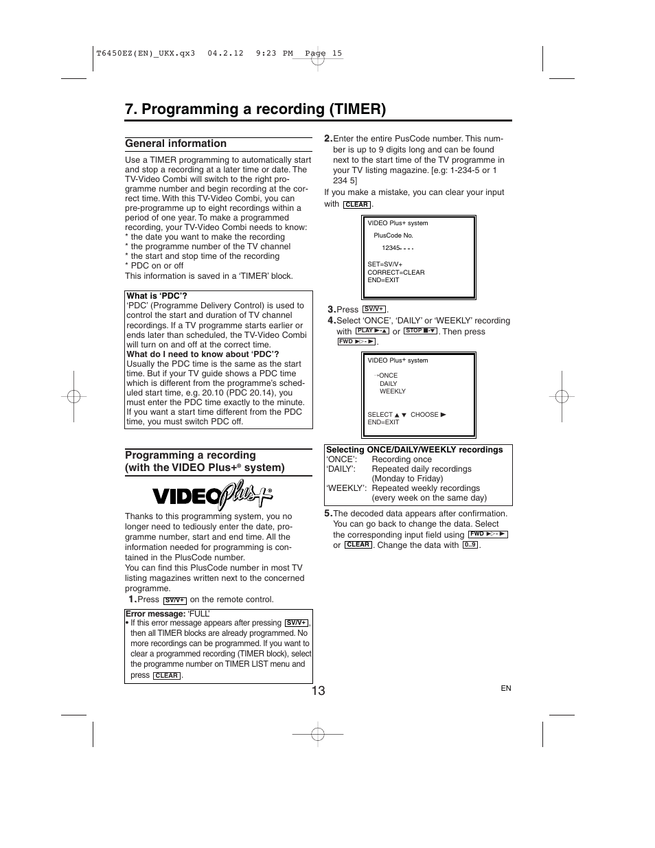 Programming a recording (timer), General information, Programming a recording (with the video plus | System) | Philips 14PV385/07 User Manual | Page 15 / 20