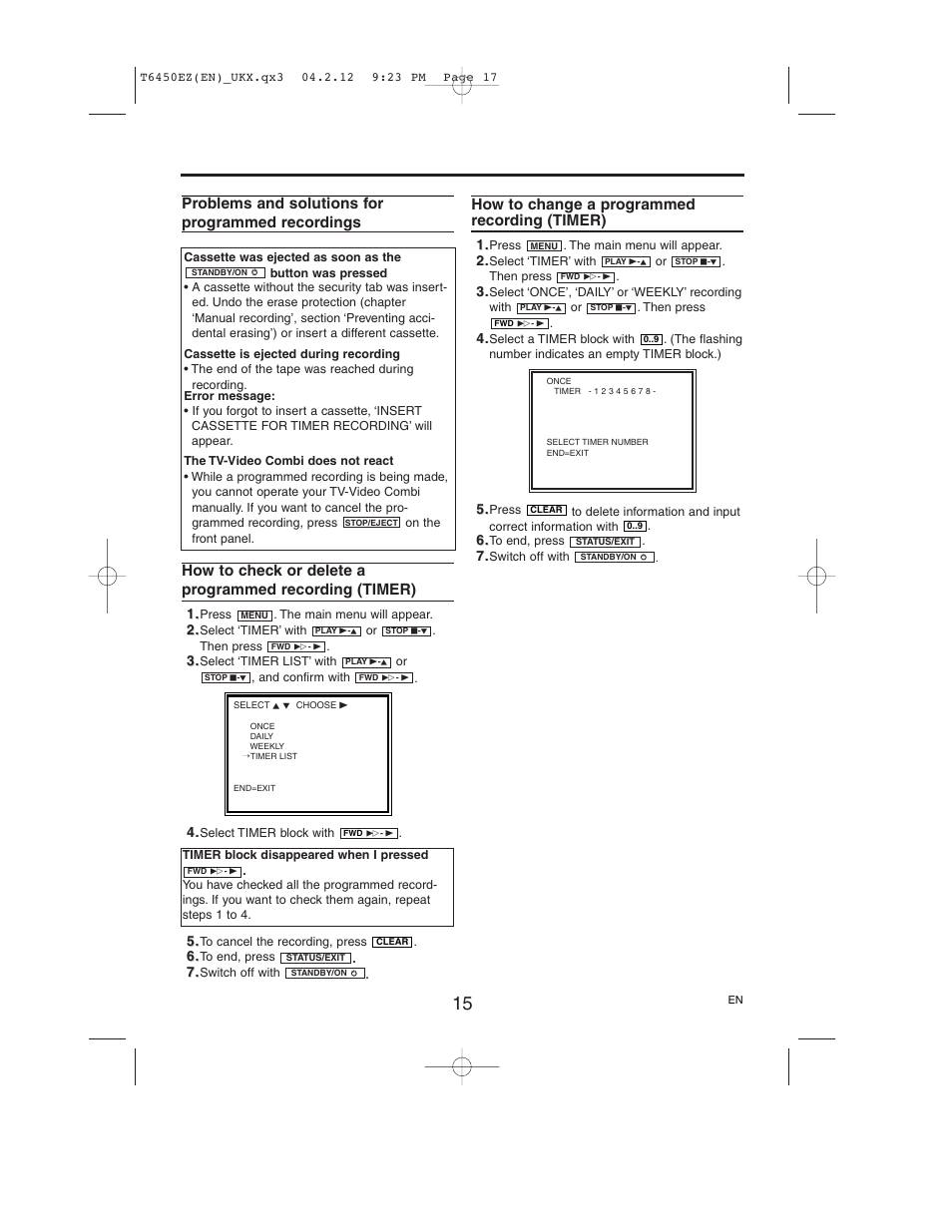 How to change a programmed recording (timer) | Philips 14PV385/07 User Manual | Page 17 / 20