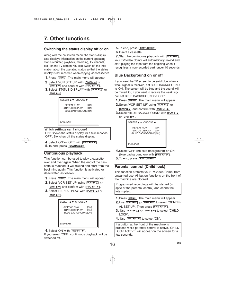 Other functions, Switching the status display off or on, Continuous playback | Blue background on or off, Parental control (child lock) | Philips 14PV385/07 User Manual | Page 18 / 20