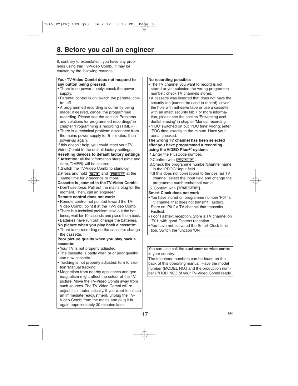 Before you call an engineer | Philips 14PV385/07 User Manual | Page 19 / 20