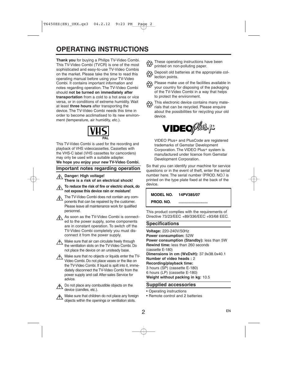 Operating instructions | Philips 14PV385/07 User Manual | Page 2 / 20