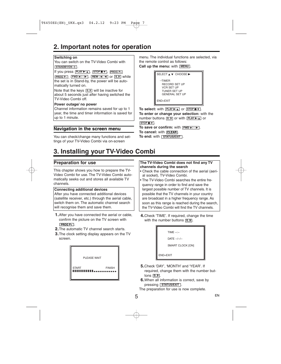 Installing your tv-video combi, Preparation for use, Navigation in the screen menu | Philips 14PV385/07 User Manual | Page 7 / 20