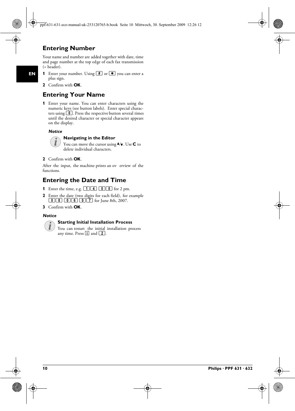 Entering number, Entering your name, Entering the date and time | Philips MAGIC 5 ECO PPF 631 User Manual | Page 10 / 32