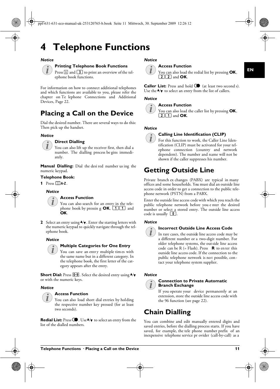 4 telephone functions, Placing a call on the device, Getting outside line | Chain dialling | Philips MAGIC 5 ECO PPF 631 User Manual | Page 11 / 32