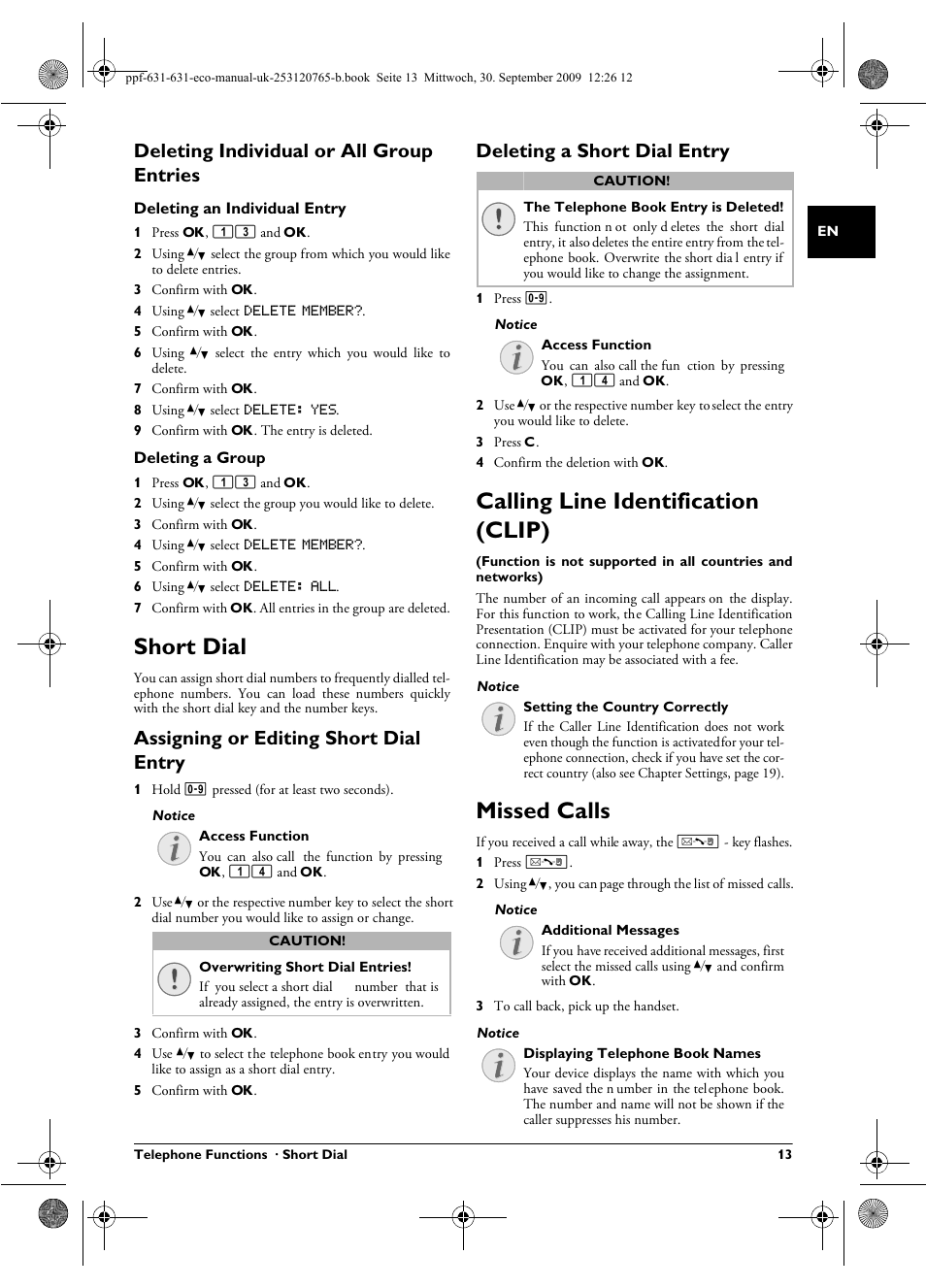 Deleting individual or all group entries, Short dial, Assigning or editing short dial entry | Deleting a short dial entry, Calling line identification (clip), Missed calls | Philips MAGIC 5 ECO PPF 631 User Manual | Page 13 / 32