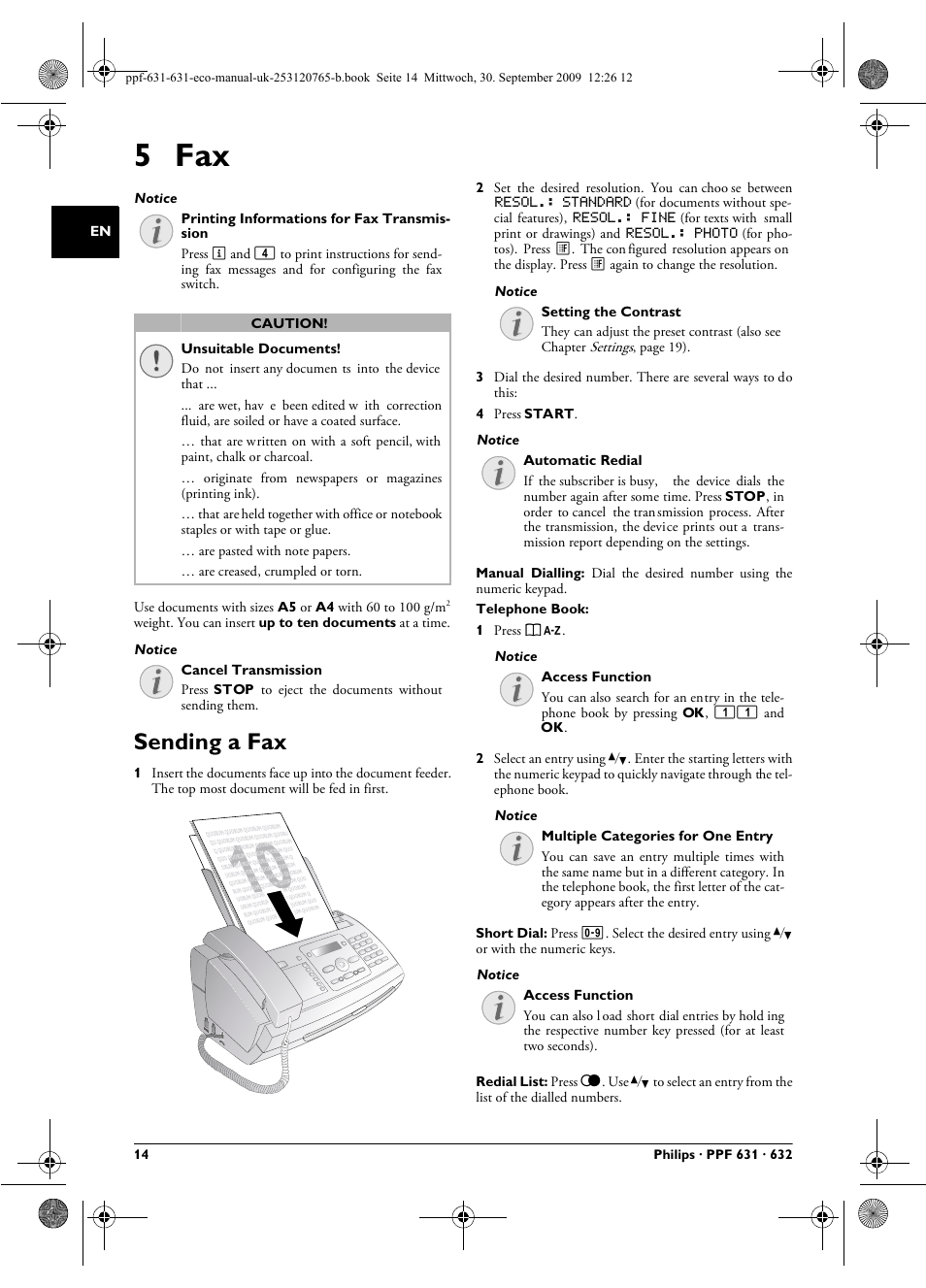 5 fax, Sending a fax | Philips MAGIC 5 ECO PPF 631 User Manual | Page 14 / 32