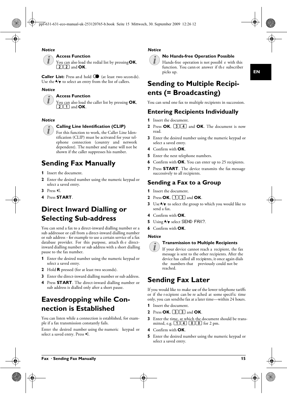 Sending fax manually, Direct inward dialling or selecting sub-address, Eavesdropping while connection is established | Sending to multiple recipients (= broadcasting), Entering recipients individually, Sending a fax to a group, Sending fax later, Eavesdropping while con- nection is established, Sending to multiple recipi- ents (= broadcasting) | Philips MAGIC 5 ECO PPF 631 User Manual | Page 15 / 32