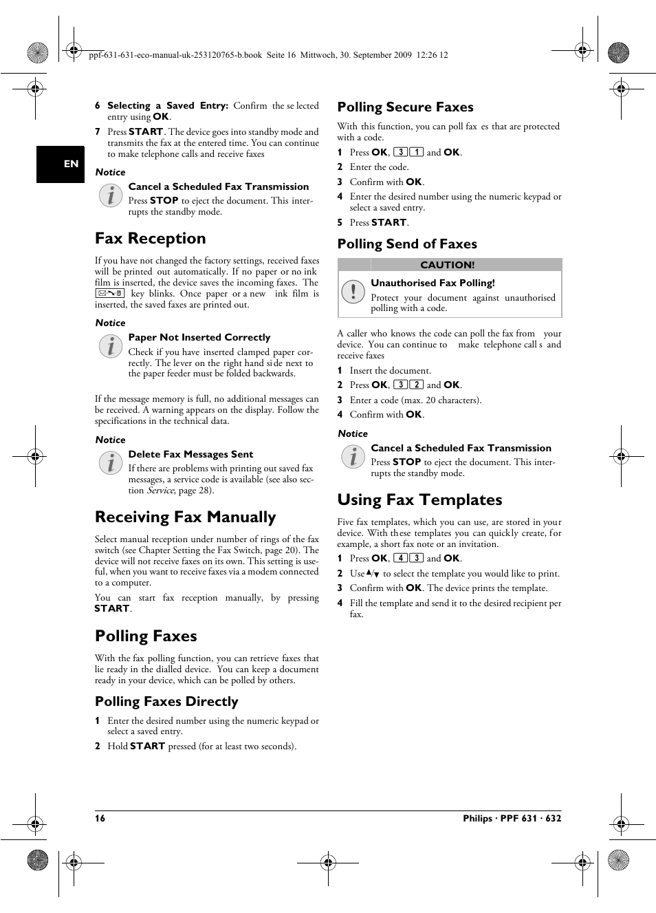 Fax reception, Receiving fax manually, Polling faxes | Polling faxes directly, Polling secure faxes, Polling send of faxes, Using fax templates | Philips MAGIC 5 ECO PPF 631 User Manual | Page 16 / 32