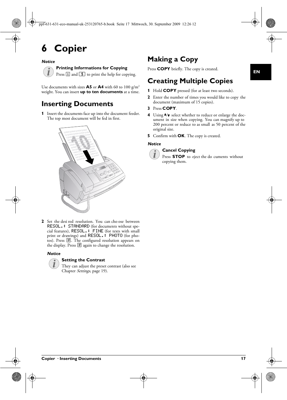 6 copier, Inserting documents, Making a copy | Creating multiple copies | Philips MAGIC 5 ECO PPF 631 User Manual | Page 17 / 32