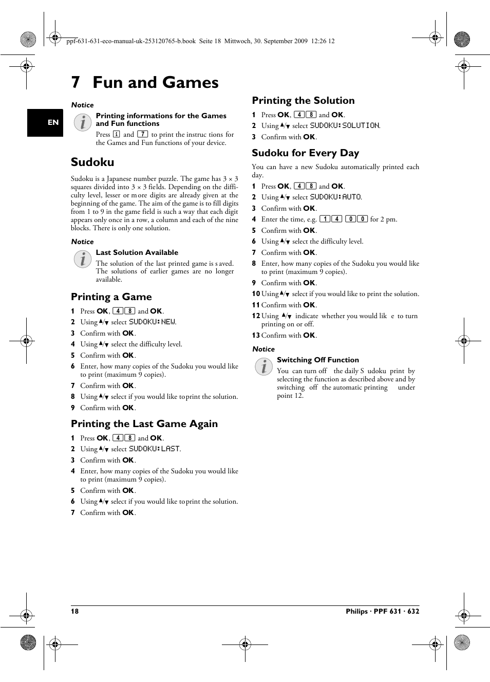 7 fun and games, Sudoku, Printing a game | Printing the last game again, Printing the solution, Sudoku for every day | Philips MAGIC 5 ECO PPF 631 User Manual | Page 18 / 32