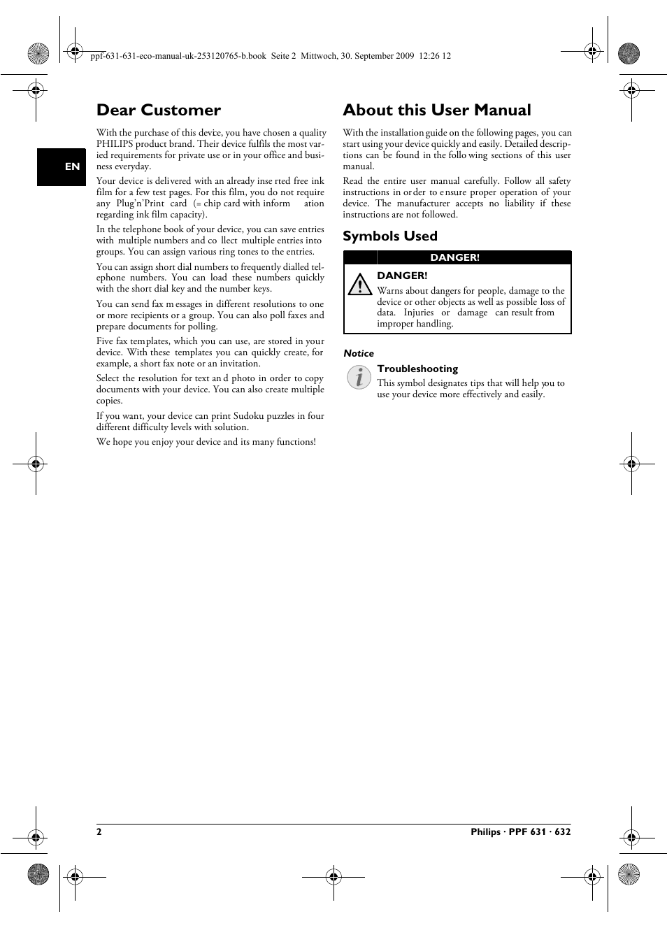 Dear customer, About this user manual, Symbols used | Philips MAGIC 5 ECO PPF 631 User Manual | Page 2 / 32