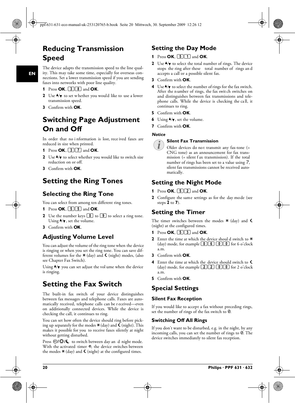 Reducing transmission speed, Setting the ring tones, Selecting the ring tone | Adjusting volume level, Setting the fax switch, Setting the day mode, Setting the night mode, Setting the timer, Special settings, Switching page adjustment on and off | Philips MAGIC 5 ECO PPF 631 User Manual | Page 20 / 32