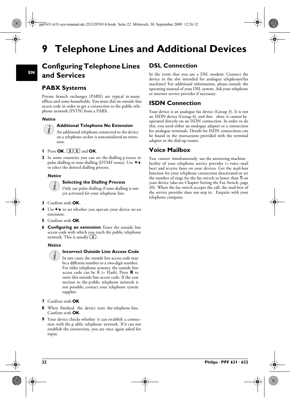 9 telephone lines and additional devices, Configuring telephone lines and services, Pabx systems | Dsl connection, Isdn connection, Voice mailbox | Philips MAGIC 5 ECO PPF 631 User Manual | Page 22 / 32