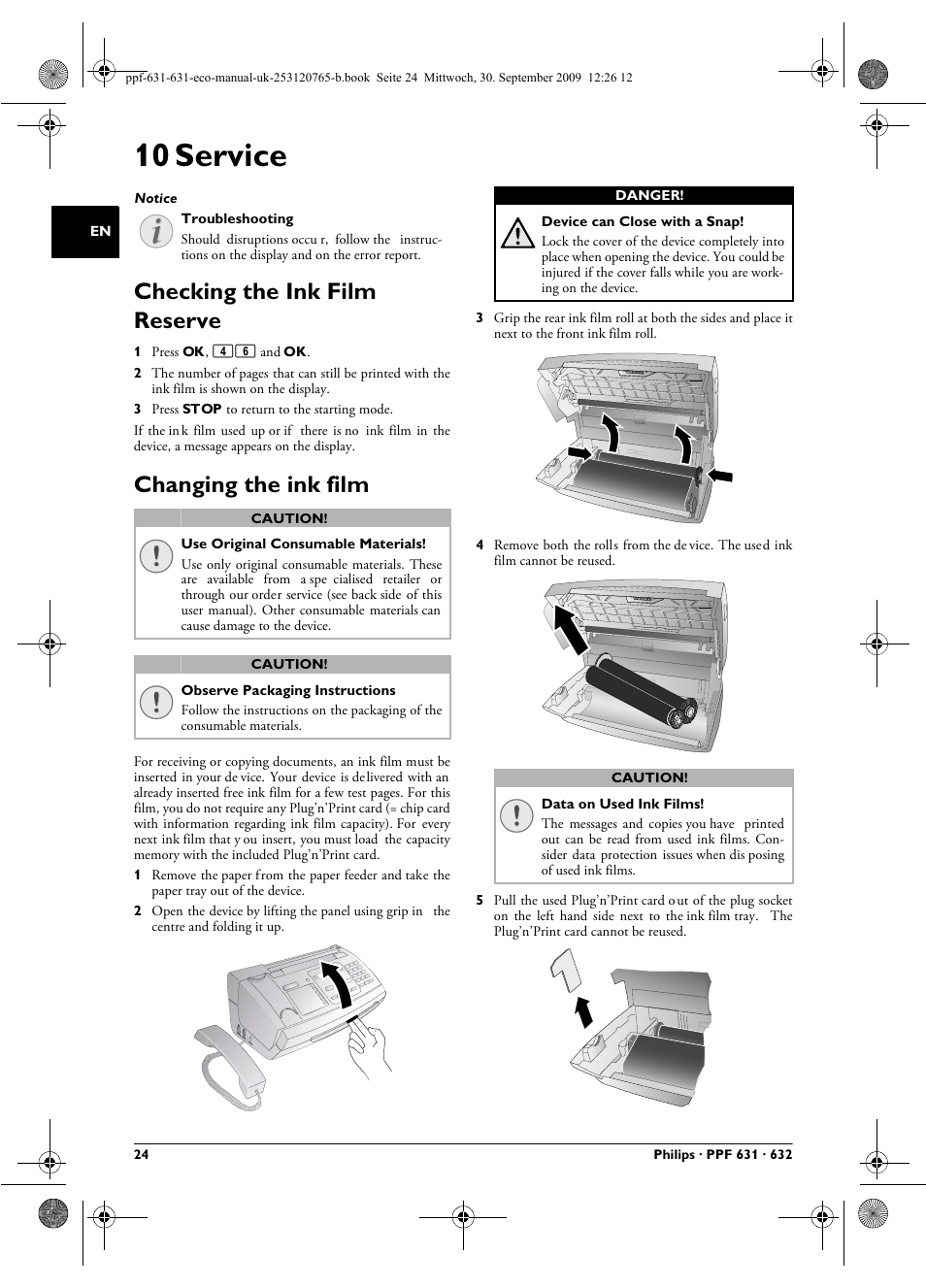 10 service, Checking the ink film reserve, Changing the ink film | Philips MAGIC 5 ECO PPF 631 User Manual | Page 24 / 32