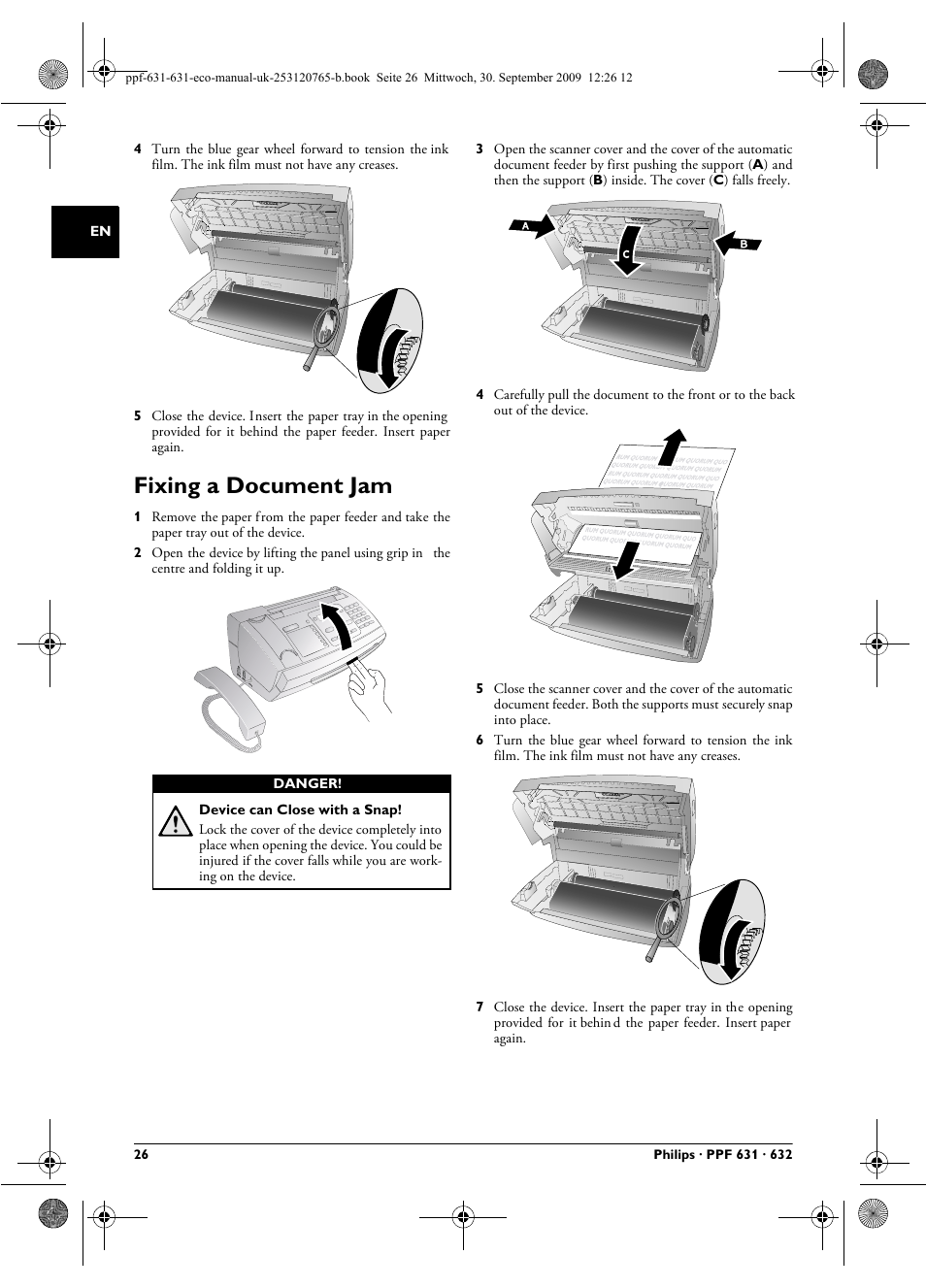 Fixing a document jam | Philips MAGIC 5 ECO PPF 631 User Manual | Page 26 / 32