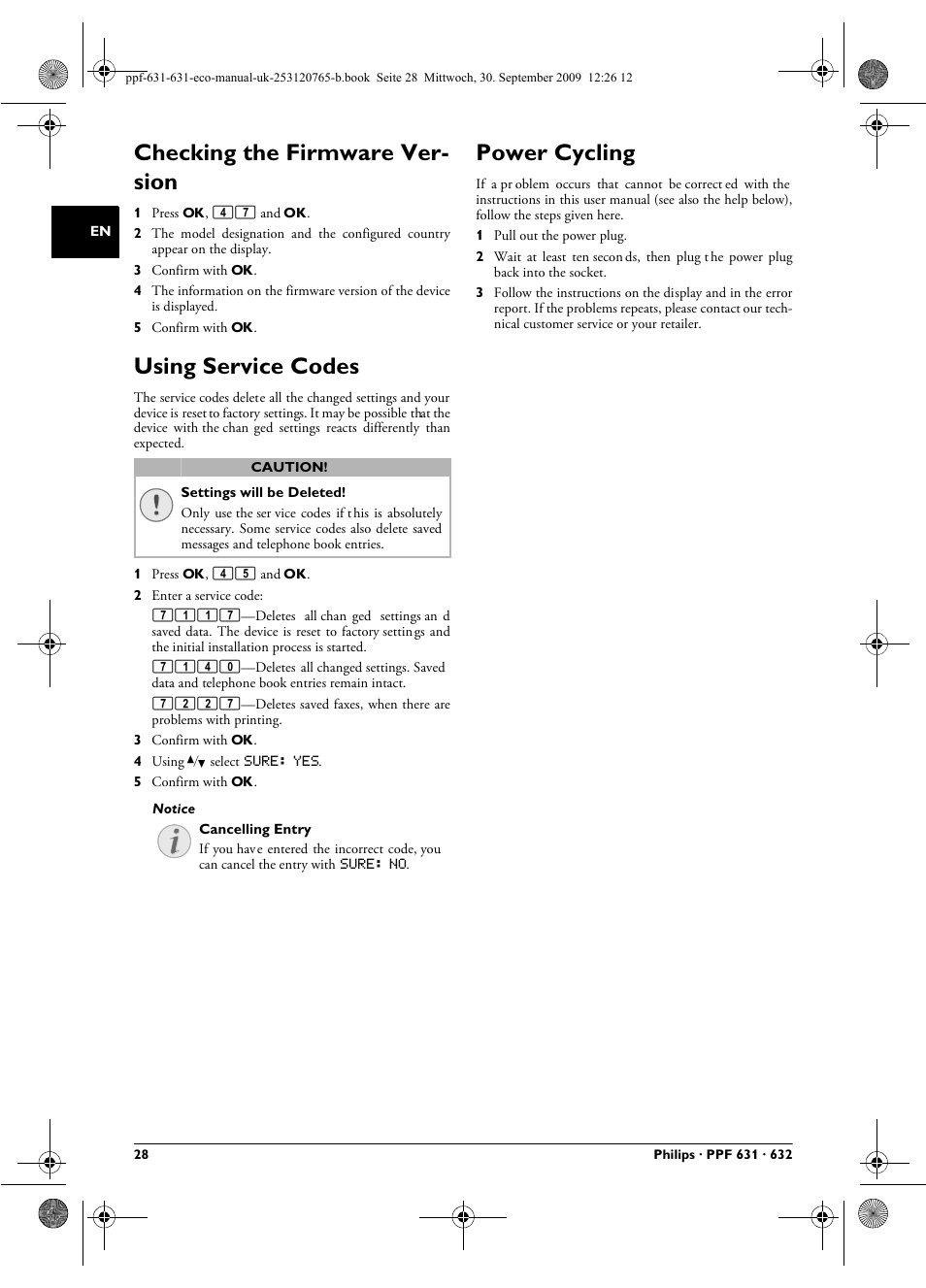 Checking the firmware version, Using service codes, Power cycling | Checking the firmware ver- sion | Philips MAGIC 5 ECO PPF 631 User Manual | Page 28 / 32