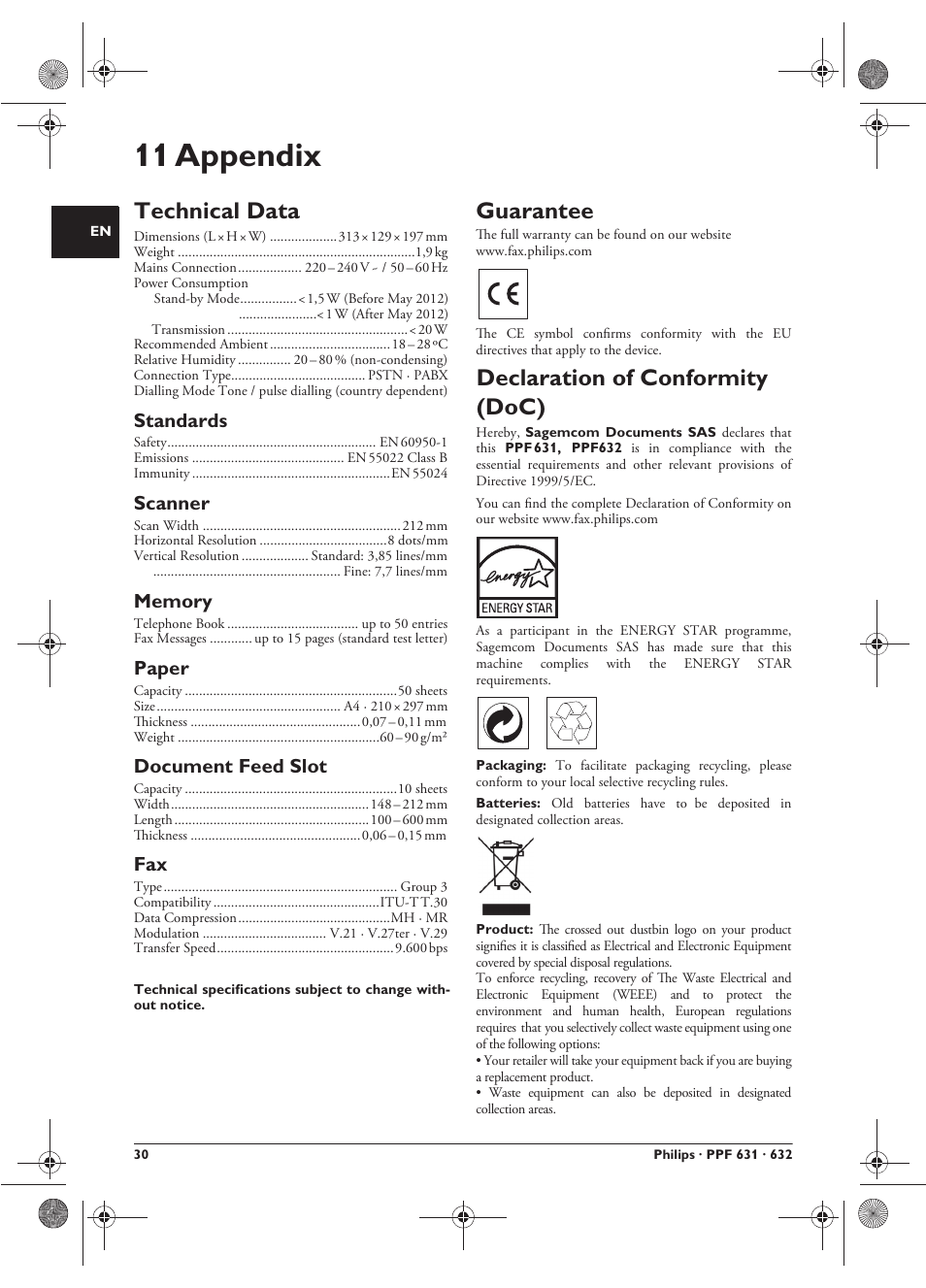 11 appendix, Technical data, Standards | Scanner, Memory, Paper, Document feed slot, Guarantee, Declaration of conformity (doc), Guarantee declaration of conformity (doc) | Philips MAGIC 5 ECO PPF 631 User Manual | Page 30 / 32