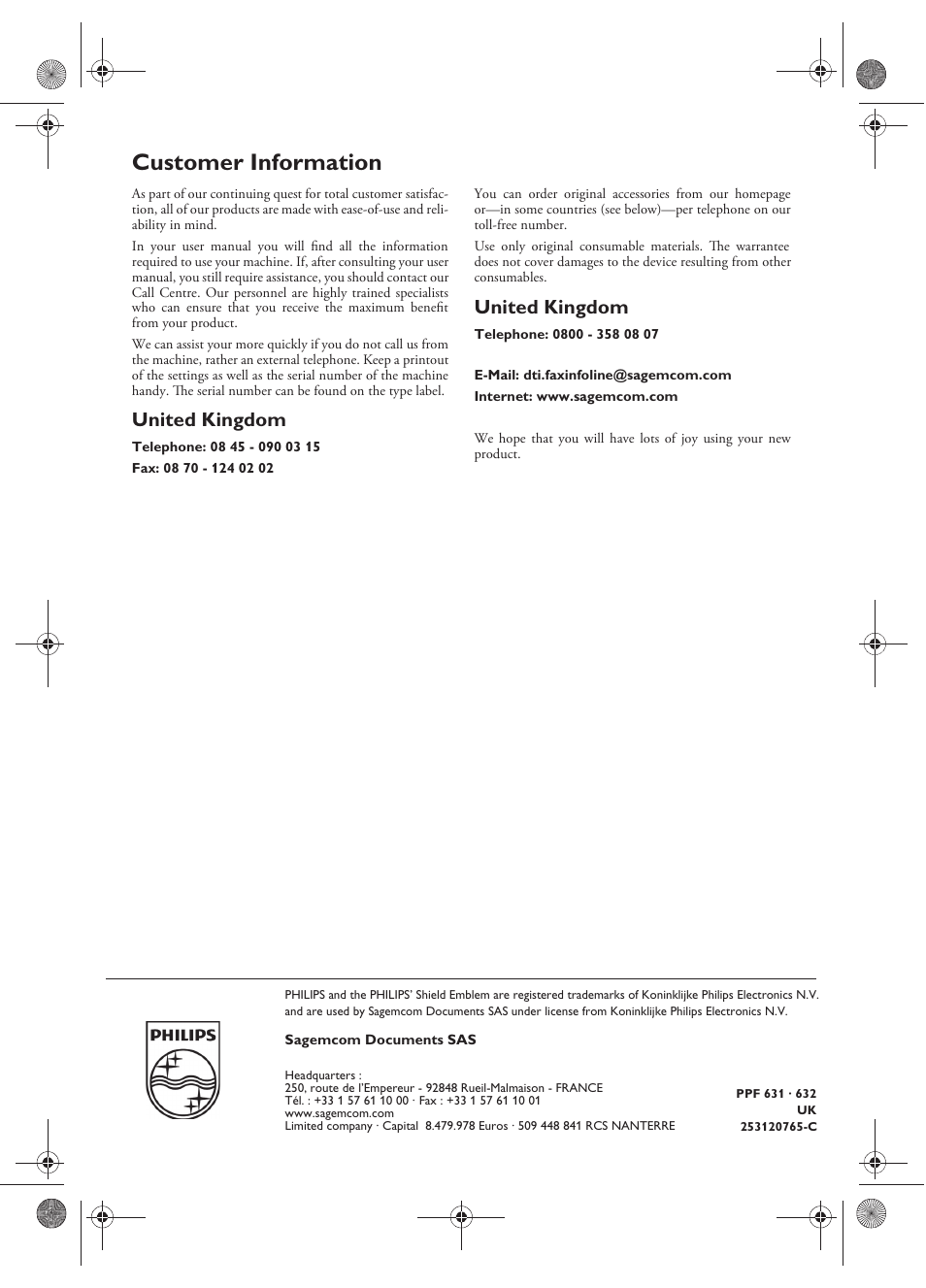 Customer information, United kingdom | Philips MAGIC 5 ECO PPF 631 User Manual | Page 32 / 32