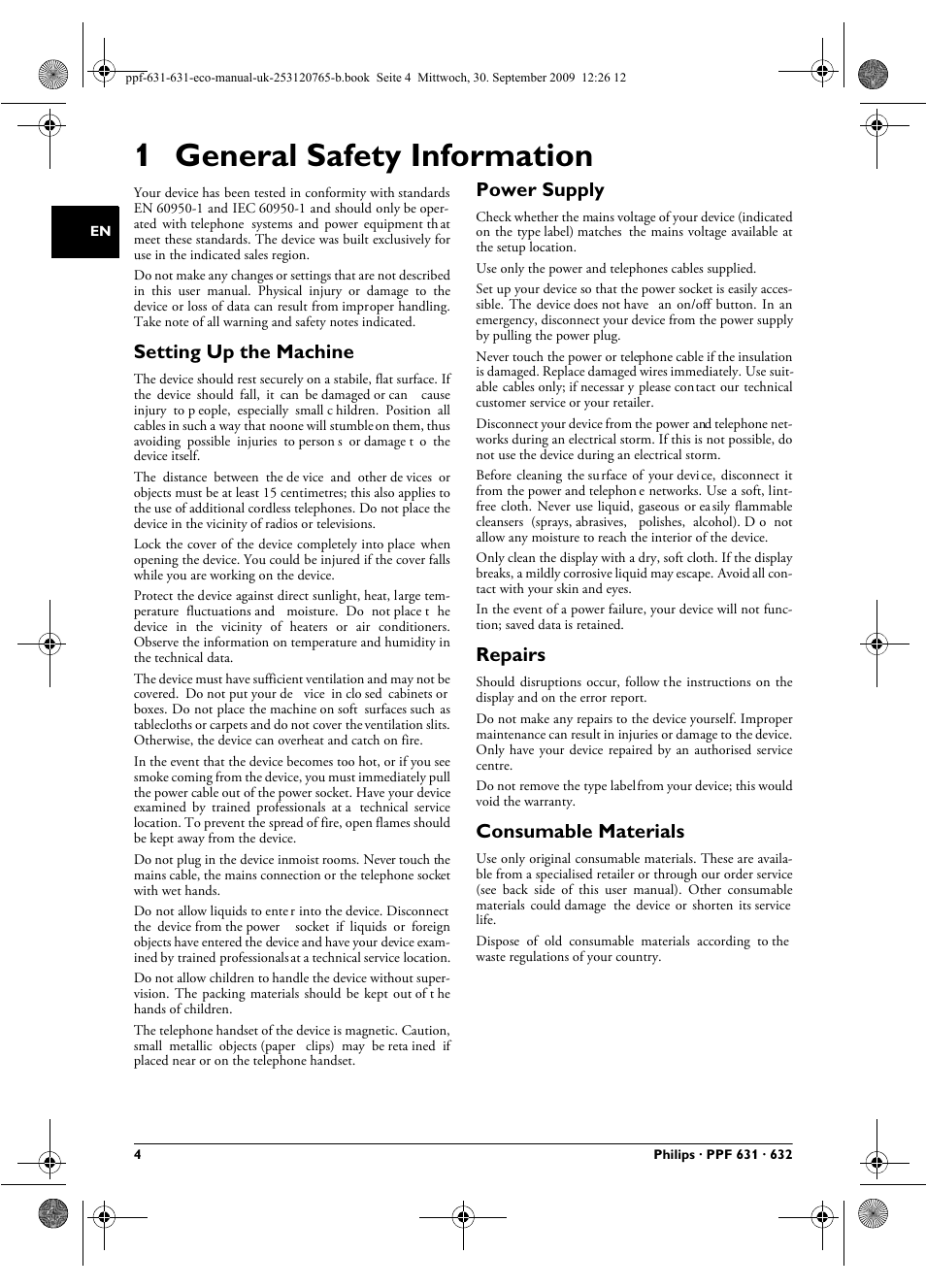 1 general safety information, Setting up the machine, Power supply | Repairs, Consumable materials | Philips MAGIC 5 ECO PPF 631 User Manual | Page 4 / 32