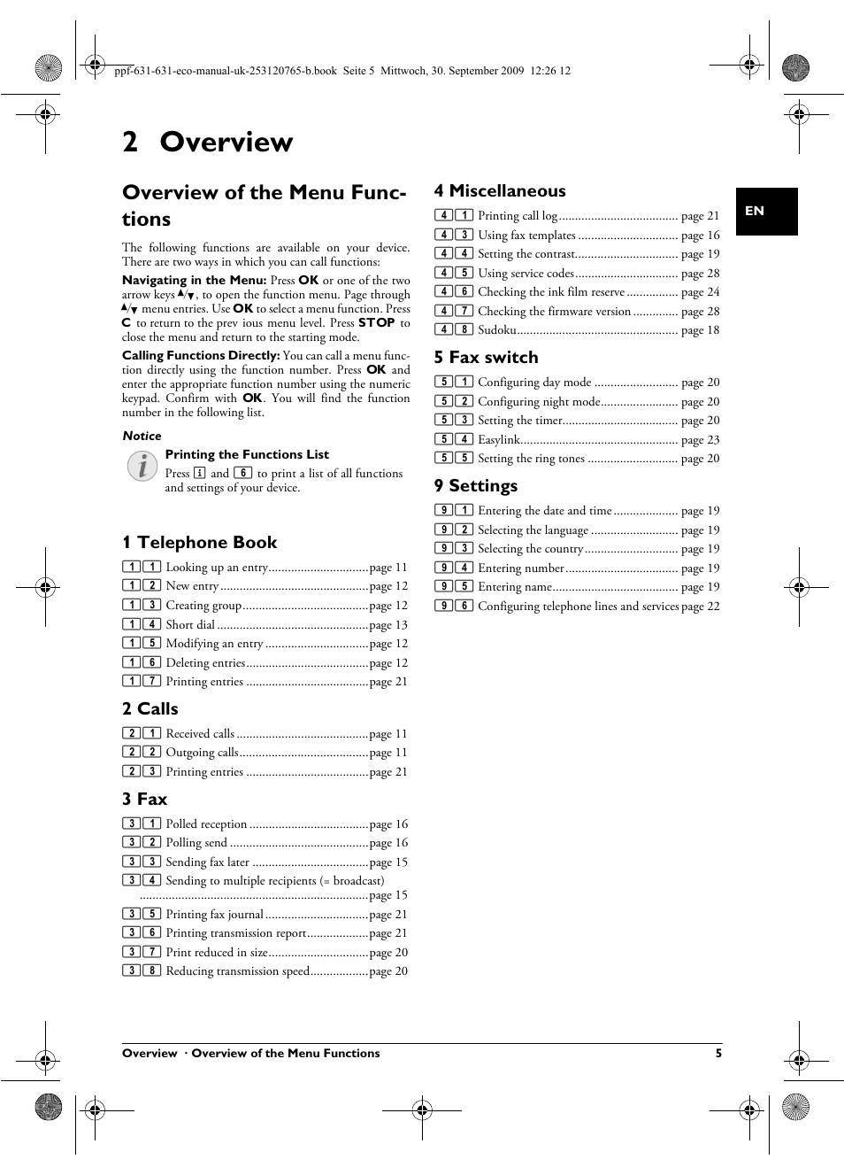 2 overview, Overview of the menu functions, 1 telephone book | 2 calls, 3 fax, 4 miscellaneous, 5 fax switch, 9 settings, Overview of the menu func- tions | Philips MAGIC 5 ECO PPF 631 User Manual | Page 5 / 32