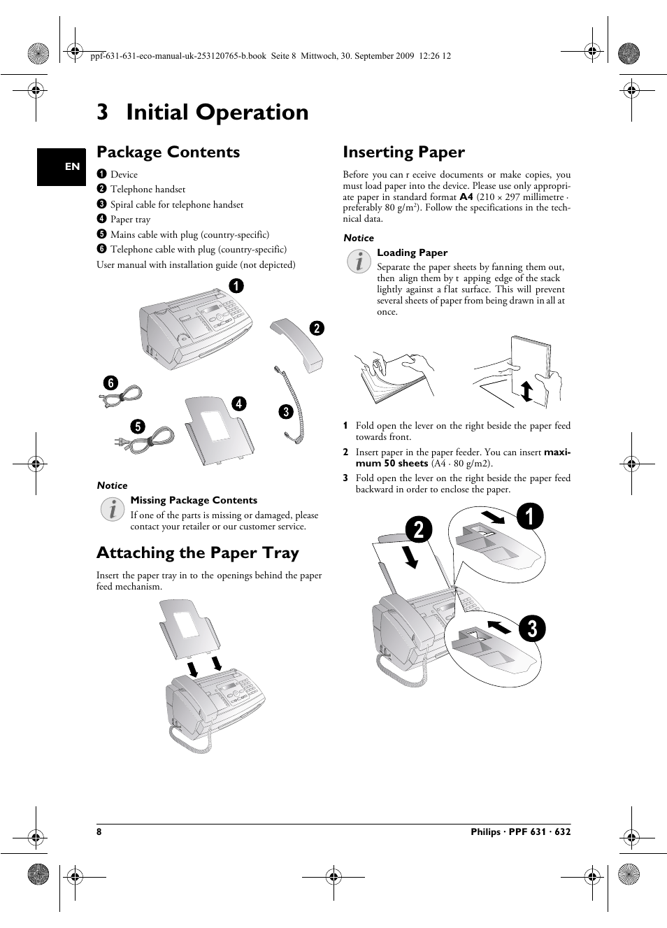 3 initial operation, Package contents, Attaching the paper tray | Inserting paper | Philips MAGIC 5 ECO PPF 631 User Manual | Page 8 / 32