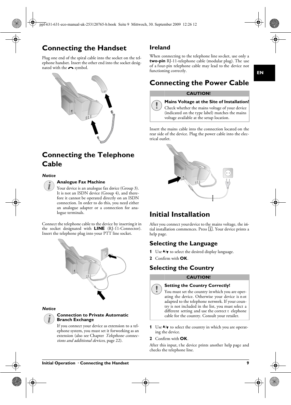 Connecting the handset, Connecting the telephone cable, Ireland | Connecting the power cable, Initial installation, Selecting the language, Selecting the country | Philips MAGIC 5 ECO PPF 631 User Manual | Page 9 / 32