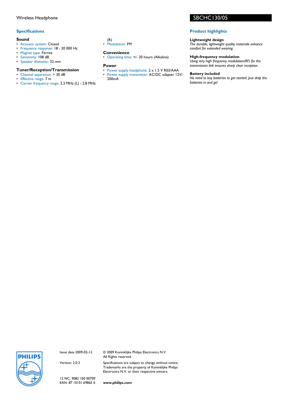 Philips SBCHC130/05 User Manual | Page 2 / 2