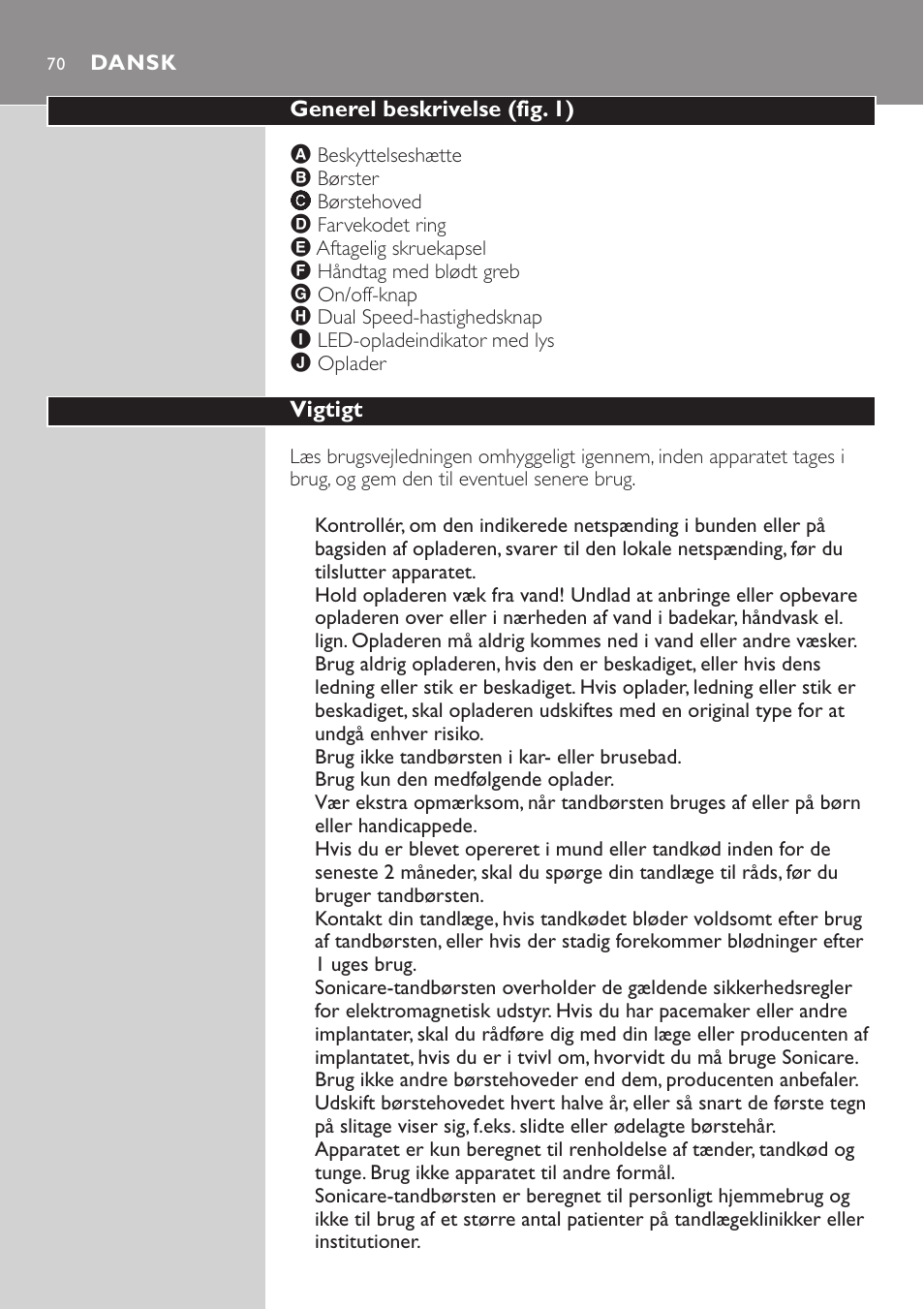 Dansk 70 | Philips HX7551 User Manual | Page 70 / 84