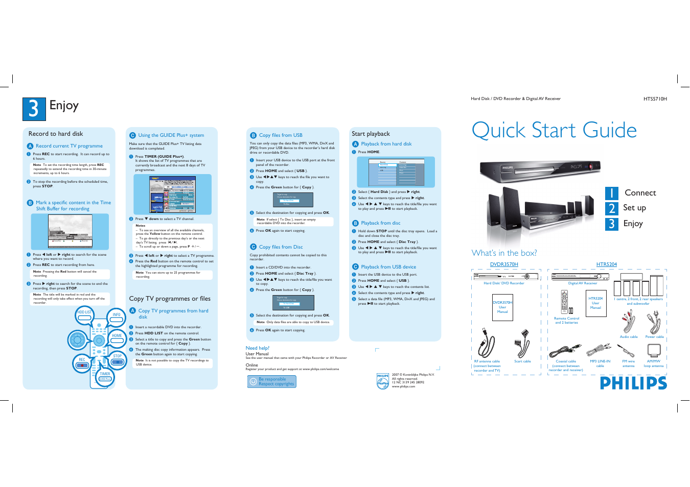 Quick start guide, Enjoy, Connect set up enjoy | What’s in the box | Philips HTS5710H/31 User Manual | Page 2 / 2