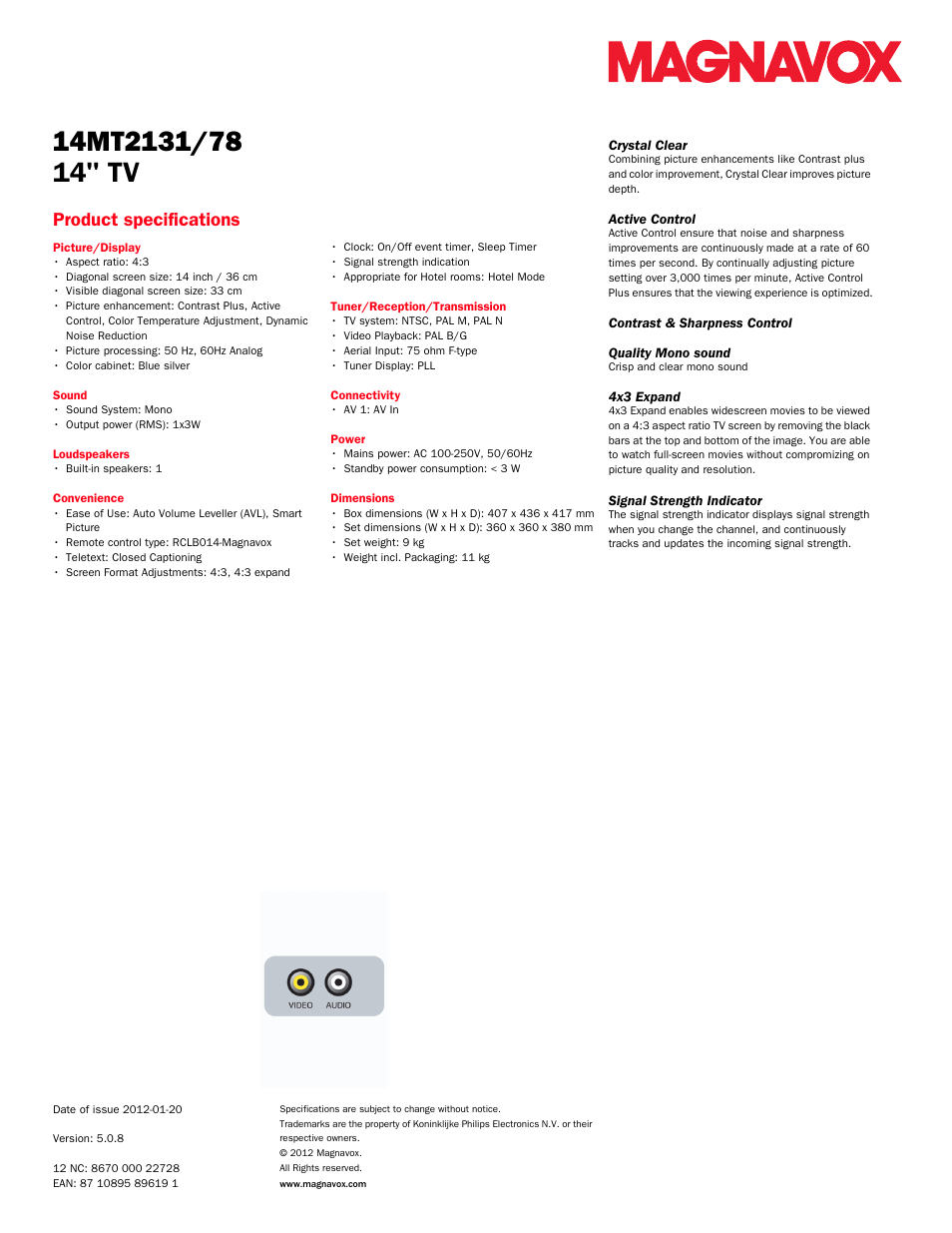 14" tv, Product specifications | Philips 14MT2131 User Manual | Page 2 / 2