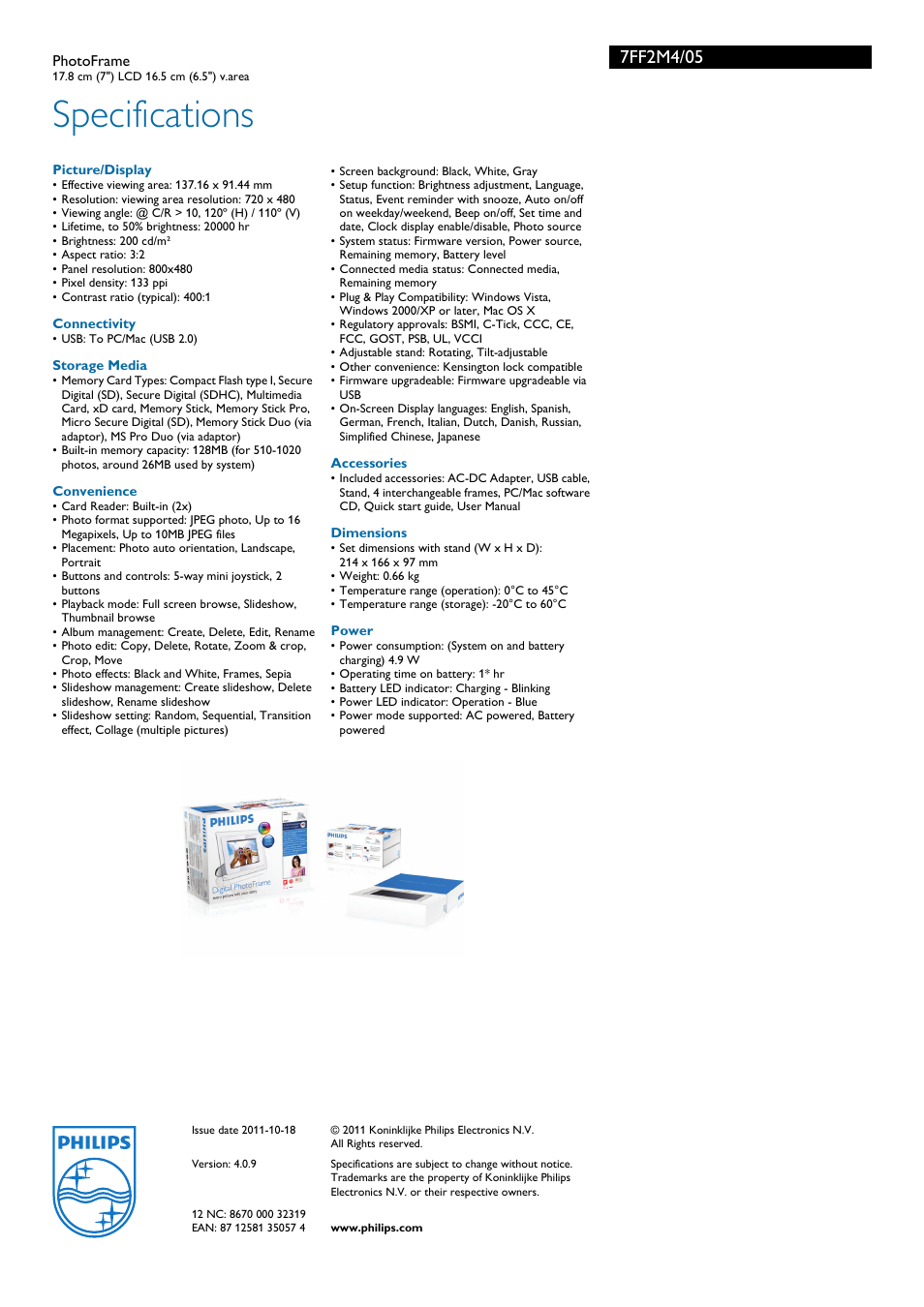 Specifications | Philips 7FF2M4/05 User Manual | Page 3 / 3