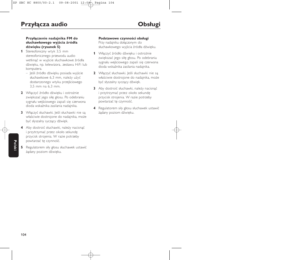 Przyłącza audio obsługi | Philips HC8800 User Manual | Page 104 / 133