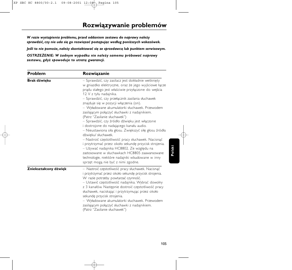 Rozwiązywanie problemów | Philips HC8800 User Manual | Page 105 / 133