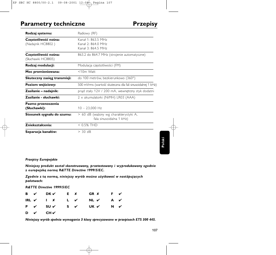 Parametry techniczne przepisy | Philips HC8800 User Manual | Page 107 / 133