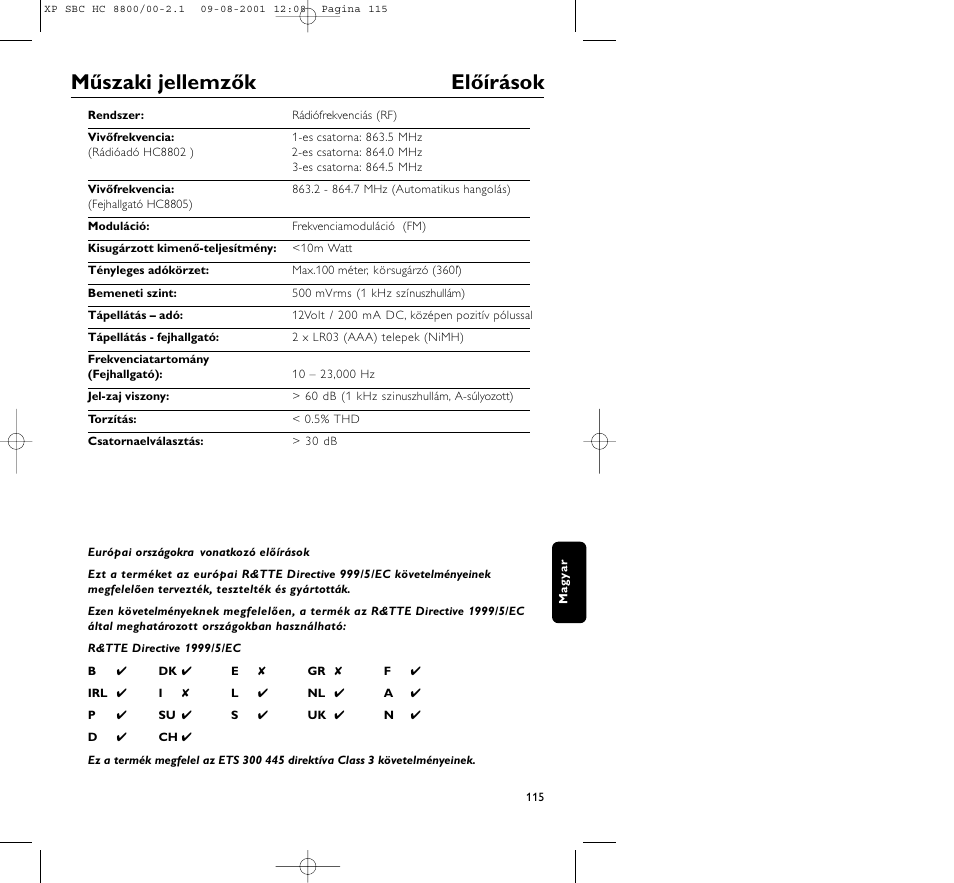 Műszaki jellemzők előírások | Philips HC8800 User Manual | Page 115 / 133