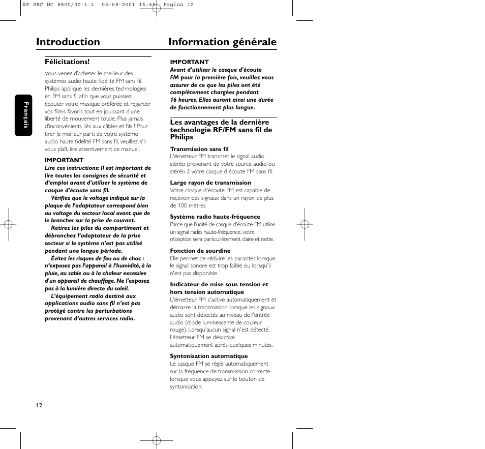 Introduction information générale | Philips HC8800 User Manual | Page 12 / 133