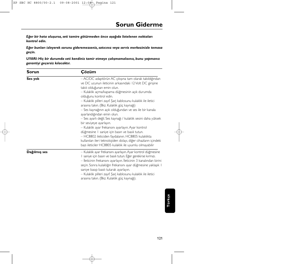 Sorun giderme | Philips HC8800 User Manual | Page 121 / 133