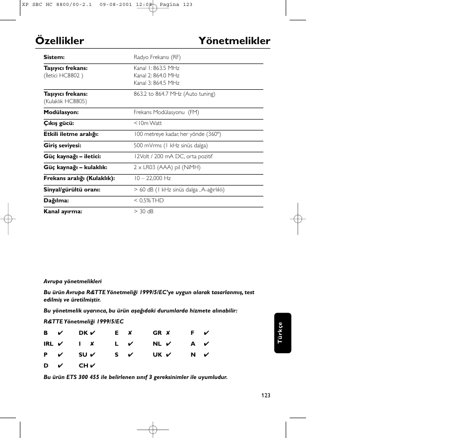 Özellikler yönetmelikler | Philips HC8800 User Manual | Page 123 / 133